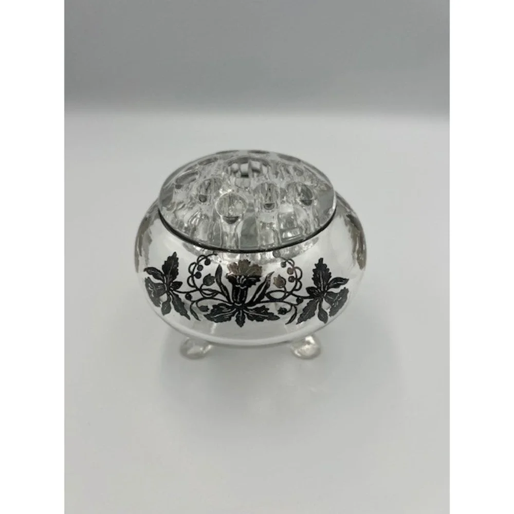 Viking Glass Vintage 3 Footed Rose Bowl Flower Frog Silver Overlay Floral Clear